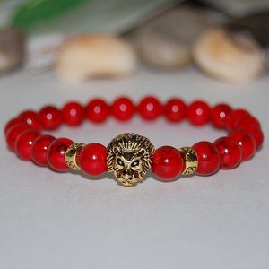 Lion Bracelet,Red Howlite Bracelet, 8mm Gemstone Beads,Red Lion Bracelet